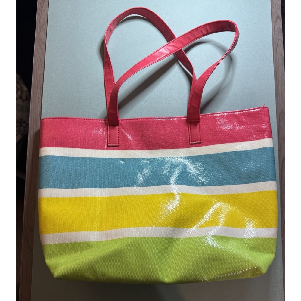 CHI for Ulta Beauty Pink Blue Yellow Green Striped Tote Bag Vinyl Easy Clean